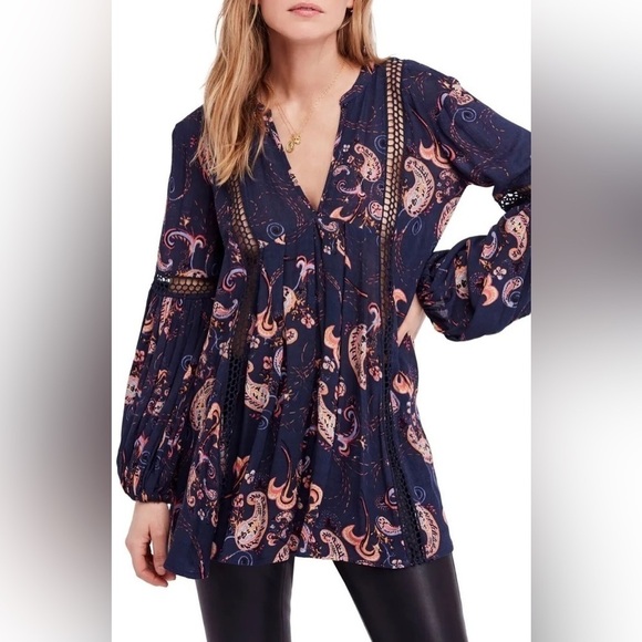 Free People | Just The Two of Us Babydoll Paisley Tunic Top Mini Dress Crochet - Picture 2 of 8